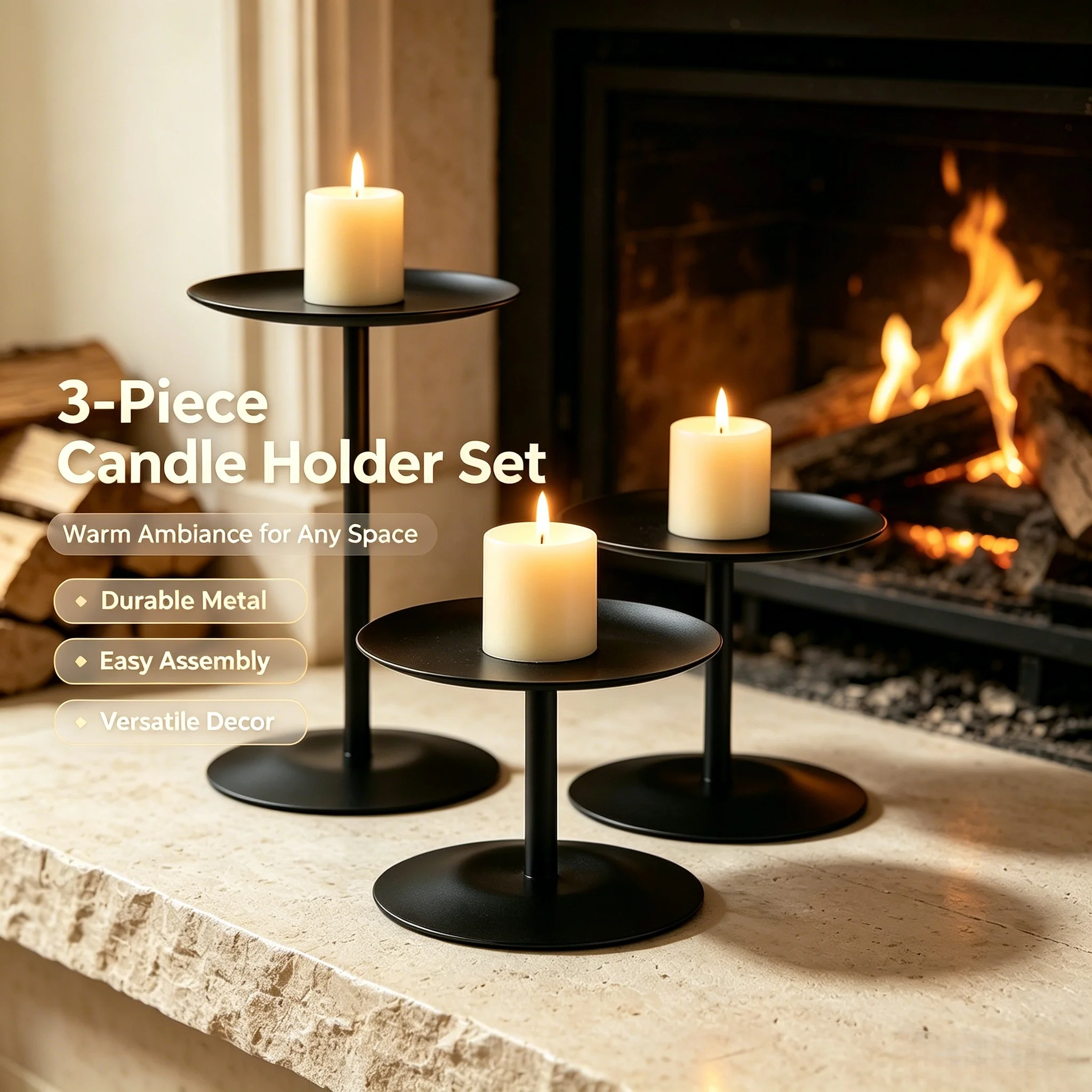 Set of 3 Minimalist Metal Pillar Candle Holders Gold Black Tapered Height Candle Stands for Home Table Centerpiece Decoration