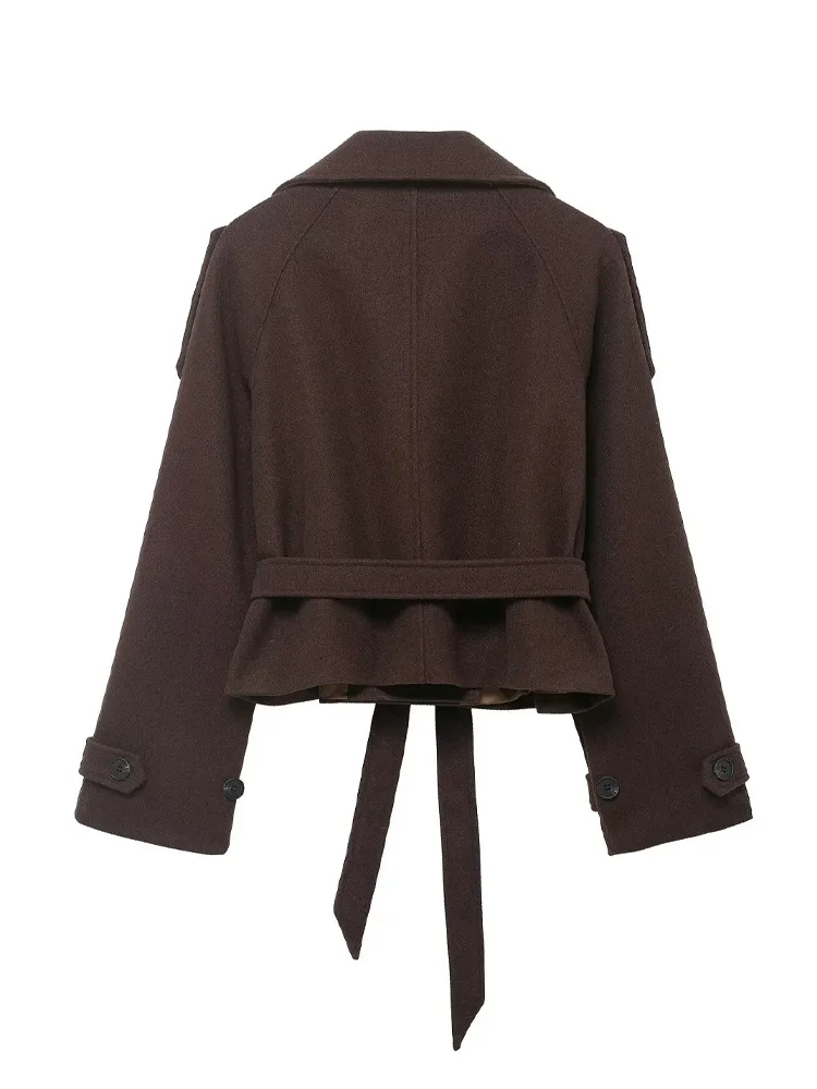 Damska elegancka dwurzędowa kurtka z paskiem, kieszeniami, jednolita, krótka, z wysokim kołnierzem, długimi rękawami, dopasowana, codzienna kurtka damska w stylu streetwear.