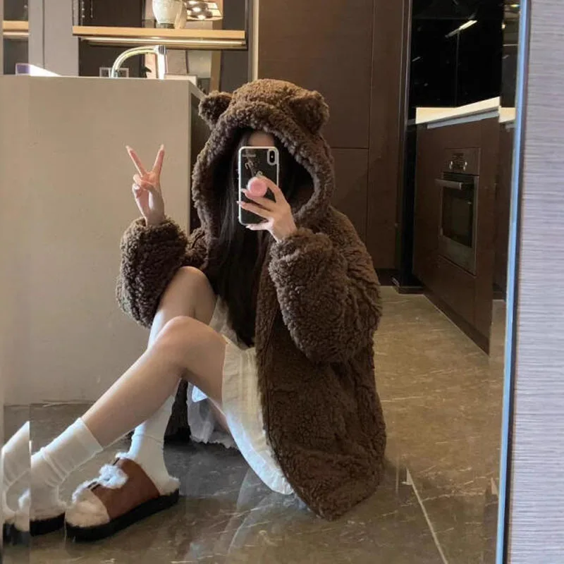 Y2K المرأة السوداء القط الأذن مقنعين سترة الجمالية المتضخم الشارع الشهير معطف شتاء جديد دافئ الجرونج سستة رداء علوي غير رسمي الموضة #6