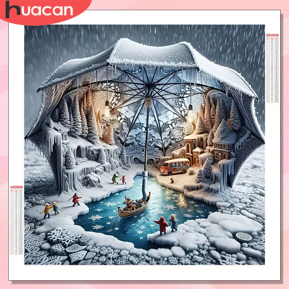 HUACAN 5D Diamant Malerei Winter Landschaft Regenschirm Voll Platz Runde Bohrer Wohnkultur Diamant Mosaik