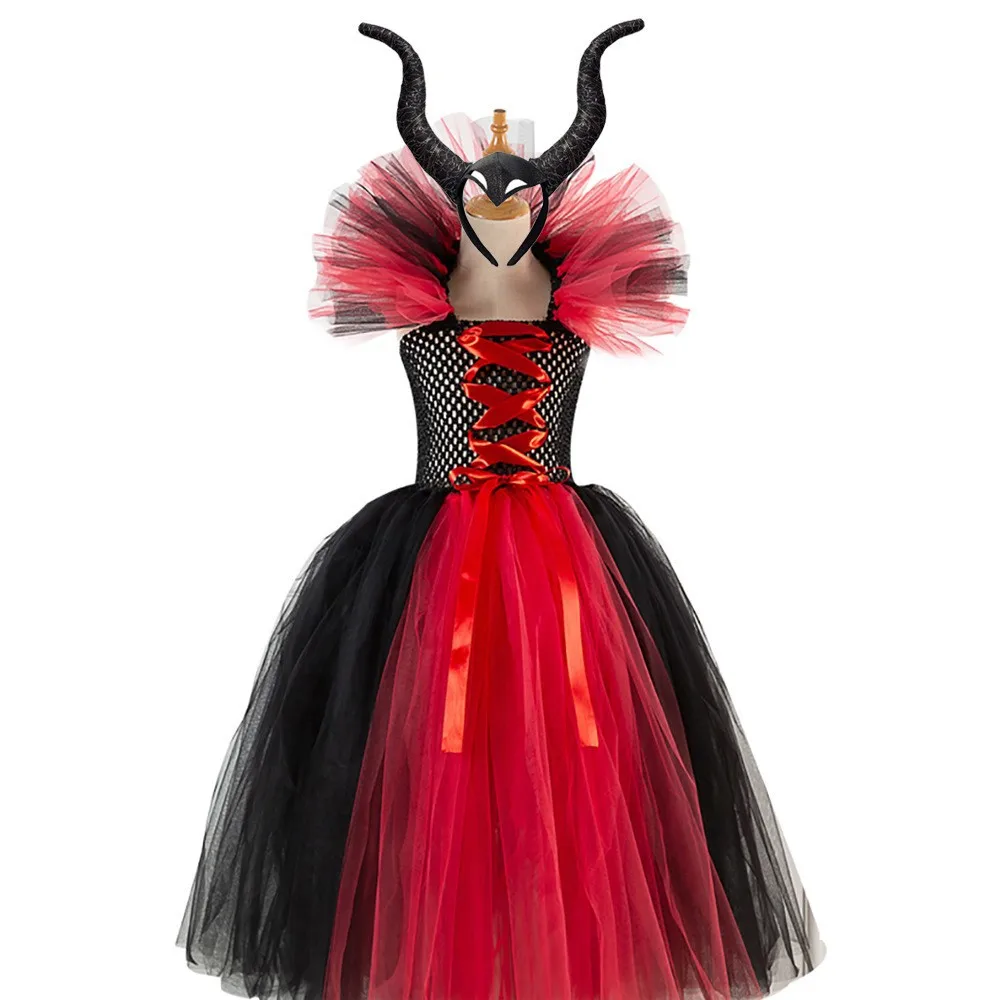 

Girl Halloween Witch Cosplay Costume Kids Black Mesh Tulle Tutu Dress Maleficent Disguise Clothes Princess Outfits 7-13Y