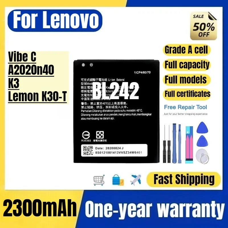 BL242 for Lenovo Vibe C/A2020n40/K3/Lemon K30-T Mobile Phone Battery High Quality  Replacement Bateria Grade A Cell with Tools