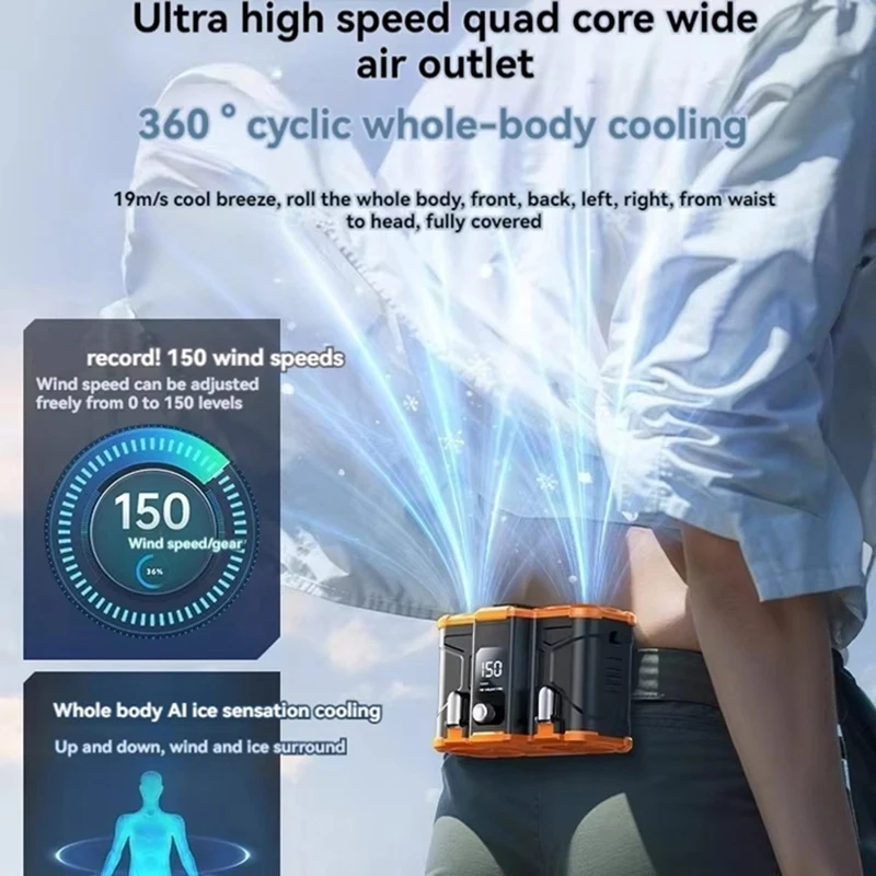 ABBN-10000Mah Waist Mounted Fan With Dual Air Vents, Detachable Battery, Portable Clip On High-Temperature Operation
