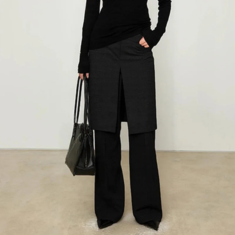 Jenny&dave2026 Franse vintage wol modieuze blogger gelaagde nep tweedelige split uitlopende broek minimalistische dames Cuteore broek