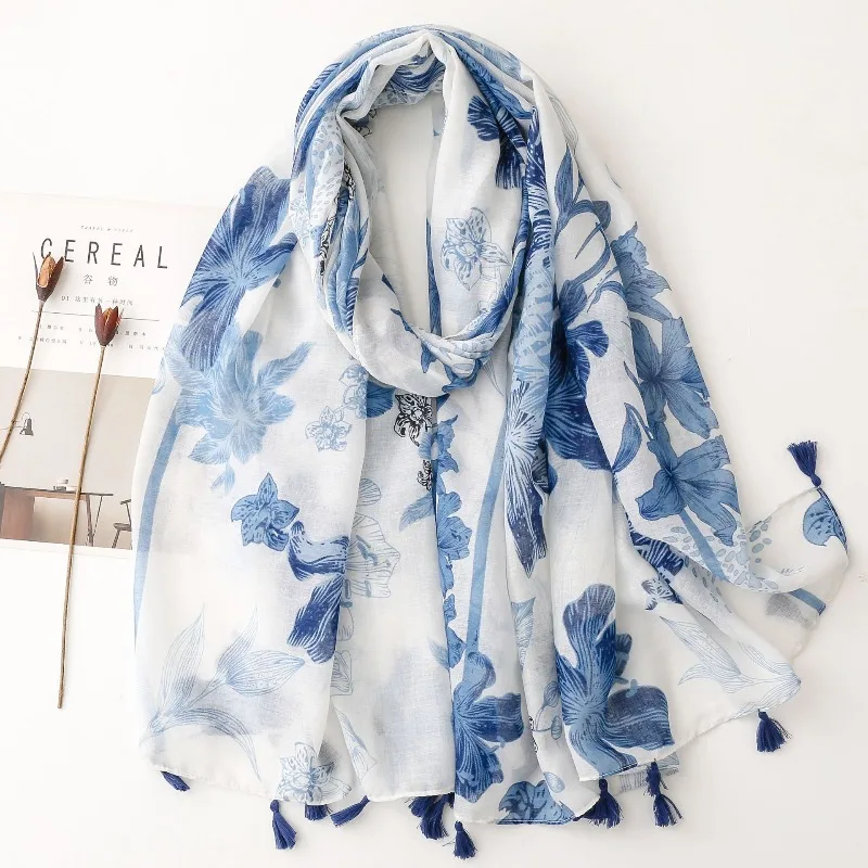 Vintage Blue White Porcelain Floral Scarf Feel Bali Gauze Wrap for Women Perfect for Spring/Summer Sun Protection Beach & Travel