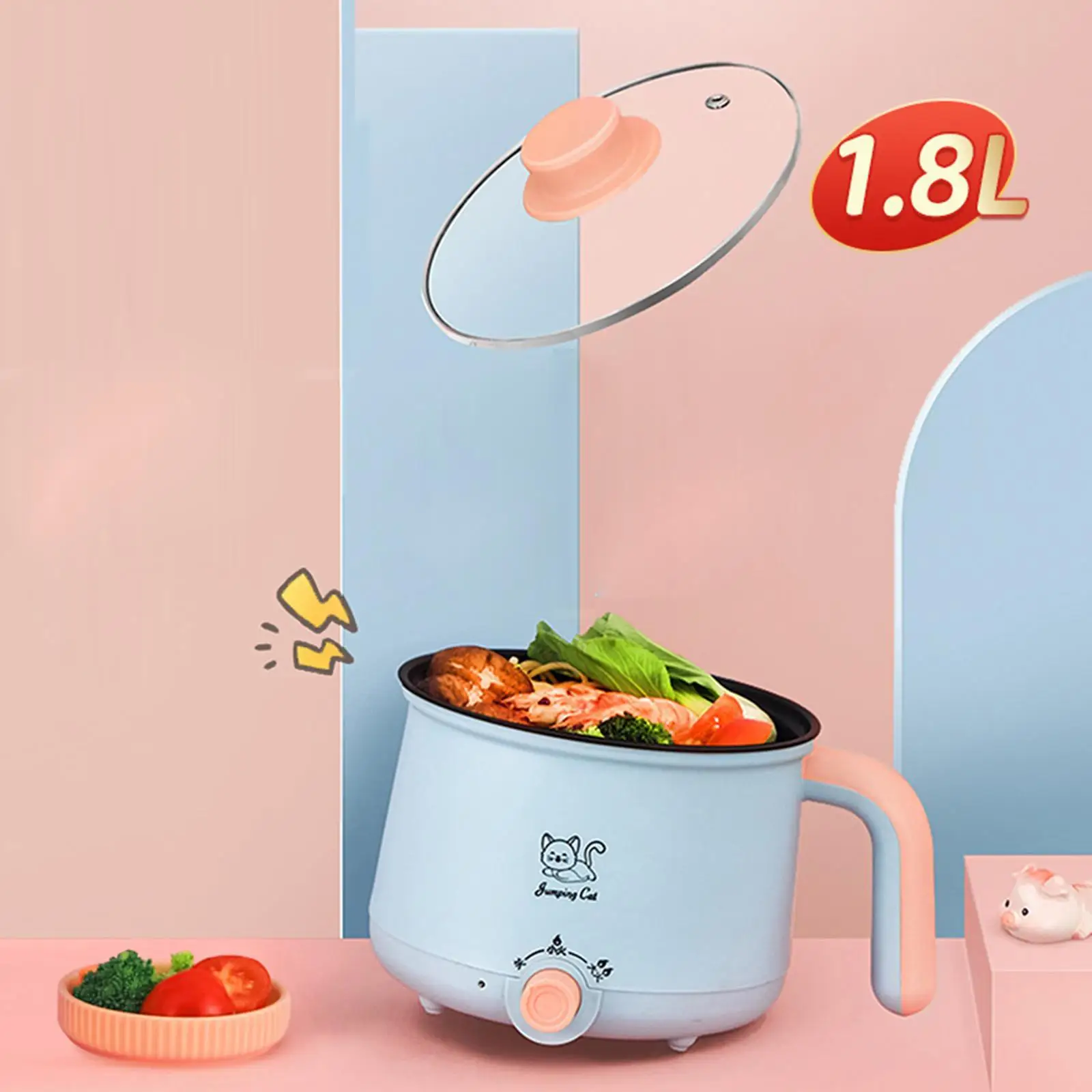 1.8L Electric Hot Pot with Steamer Ramen Cooker Noodles Pot Adjustable Temprature Control for Soup Oatmeal Eggs Dorm Room