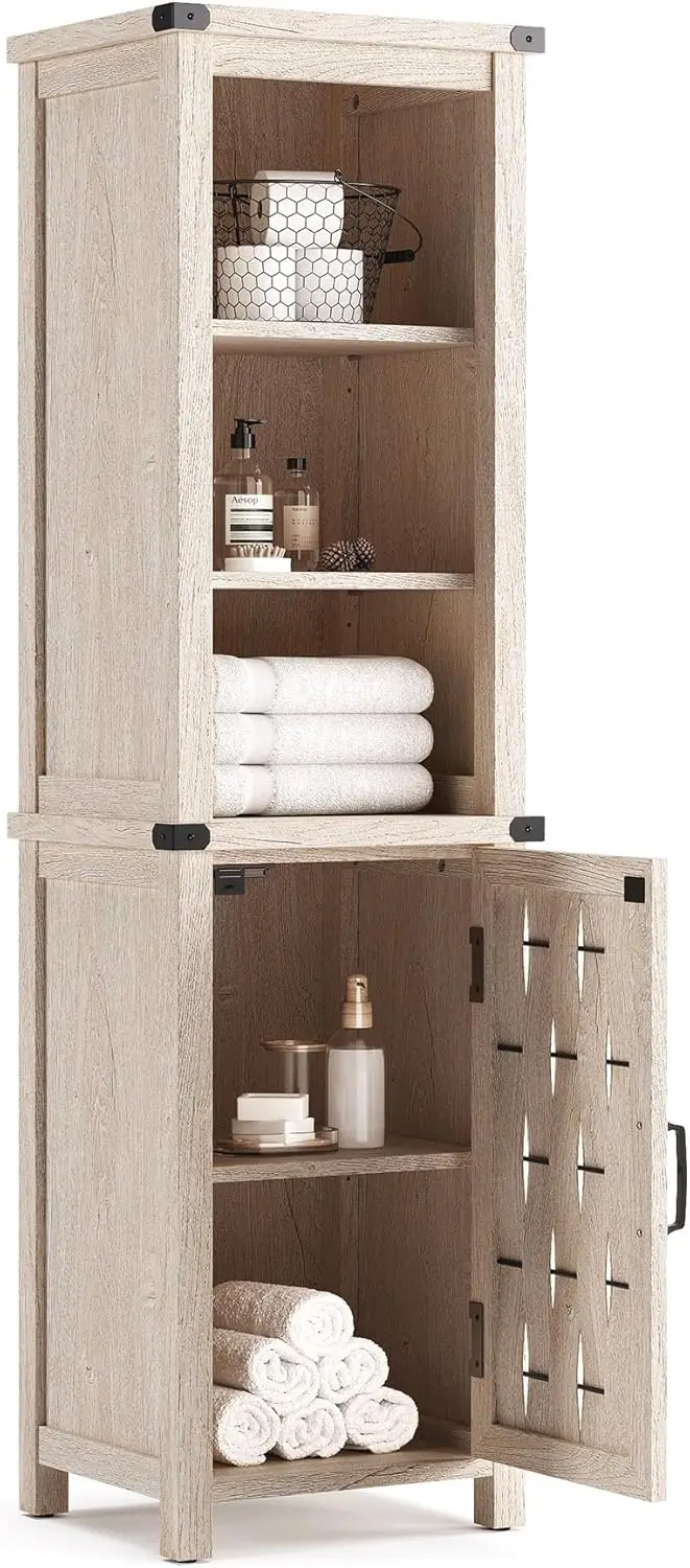 

Tall Bathroom Storage Cabinet, Farmhouse Narrow Corner Cabinet With Door & Adjustable Shelves, Linen Tower For Bathroom, Living