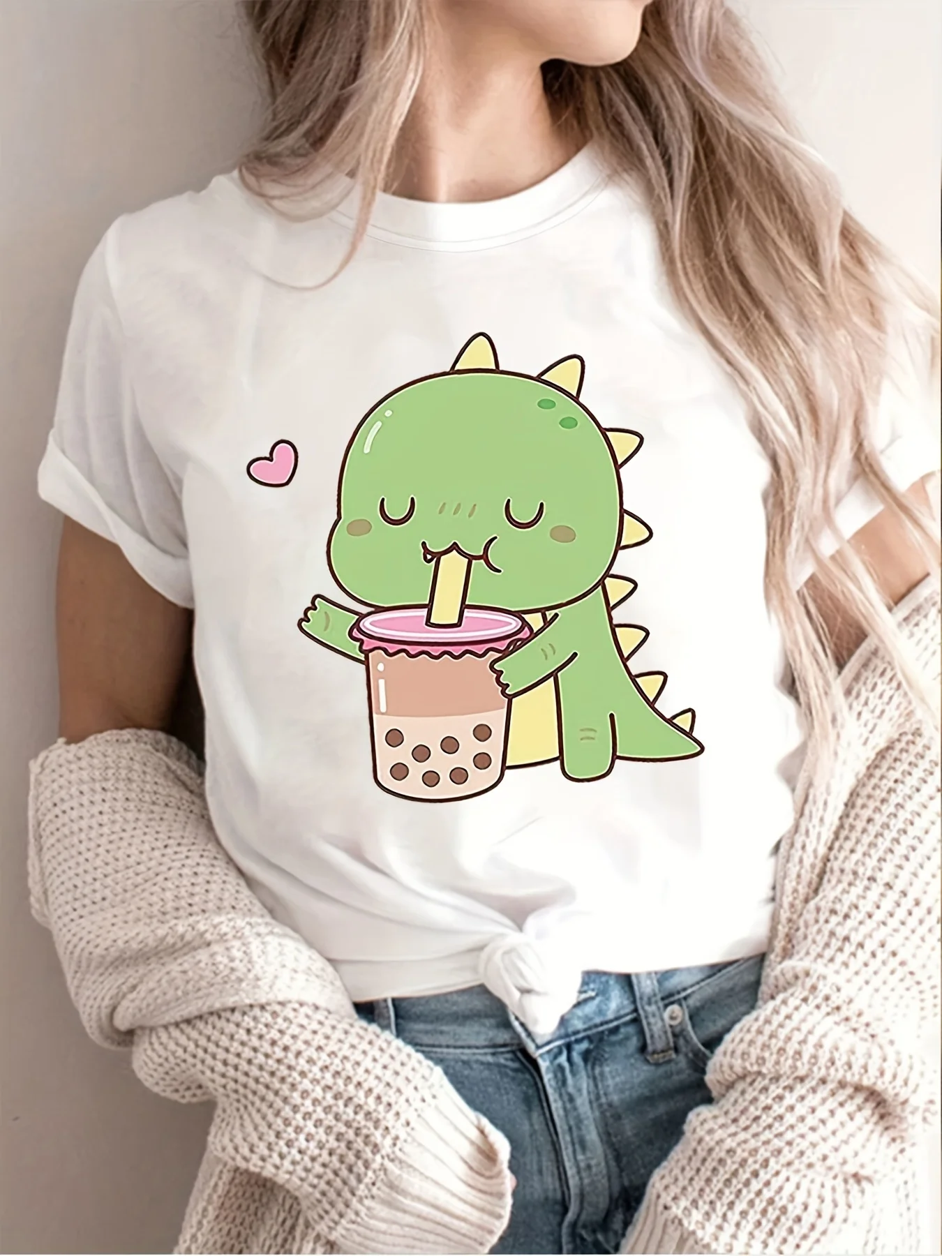 Cute Little Dinosaur Print Crew Neck Short Sleeve Casual T-shirt Women's Clothing Women's Harajuku Short Sleeve Casual Aesthetic