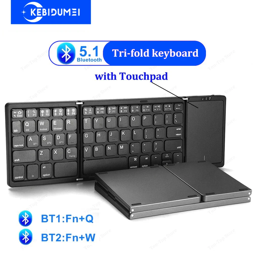 

3-Folding Keyboard with Touchpad Dual Bluetooth Keyboard Portable Rechargeable Mini Keyboard for Laptop Windows Android IOS