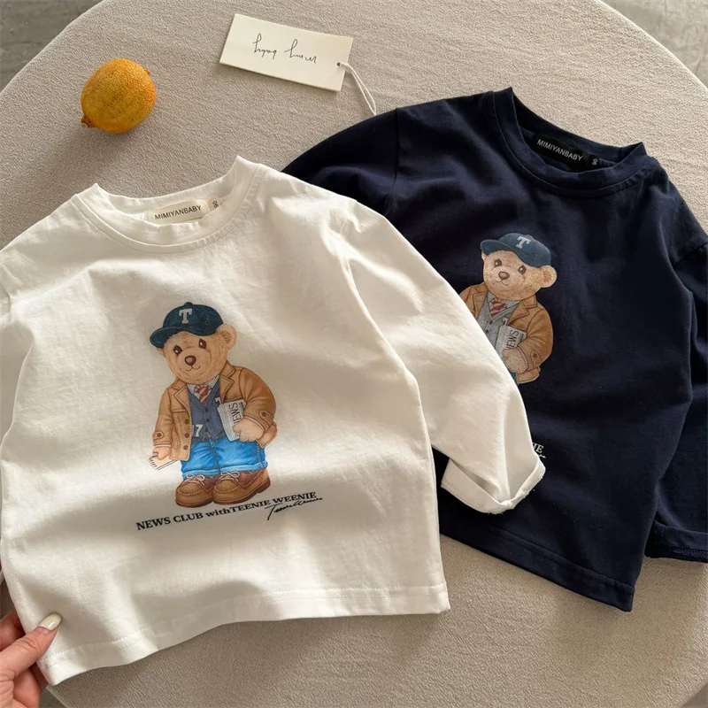 Camisetas de manga larga para niños, de algodón, con estampado de oso, para bebés, con cuello redondo, versátiles, para primavera