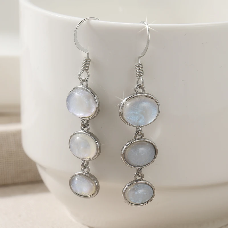 Delicate Vintage Oval Moonstone Dangle Earrings Women Long Flowing Silver Plated Earrings Bohemian Style Jewelry