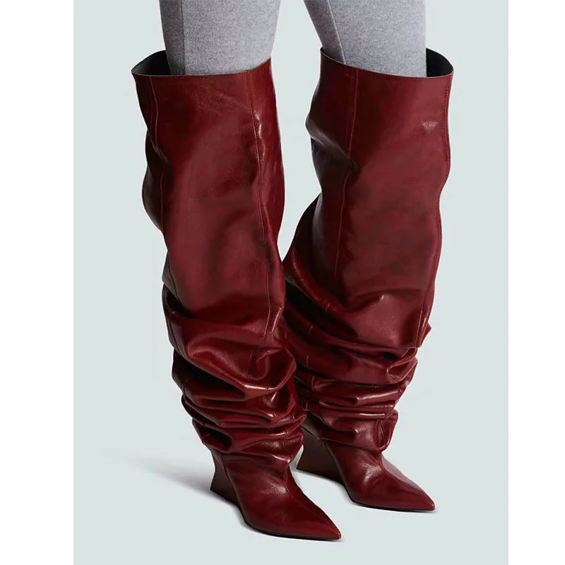 

Women Pointed Toe Wedges Wrinkles Boots Leather Over The Knee Boots Classic Sexy Ladies High Heels Short Boots For Women