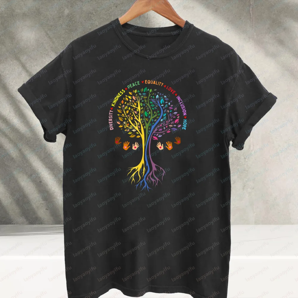 Peace Love Equality Diversity Inclusion Tree of Life Graphic T‑Shirt Colorful Unity Hand Art Print Cotton Casual Streetwear Tees