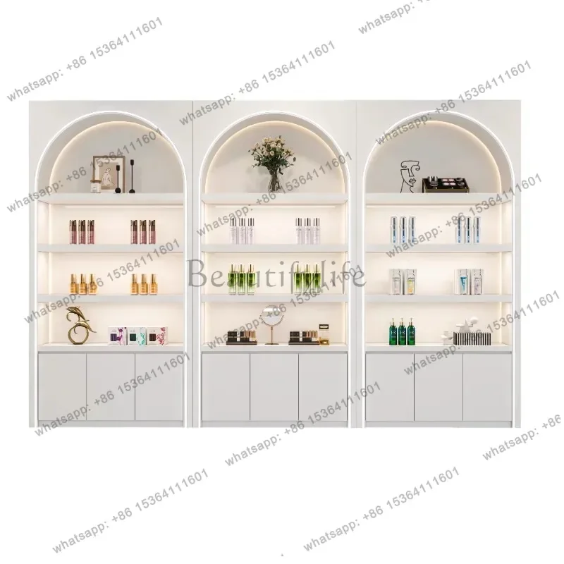 LJY Modern Cream Style Cosmetics Display Cabinet Simple High-end Beauty Salon Product Floor Display Rack Luxury Salon Furniture