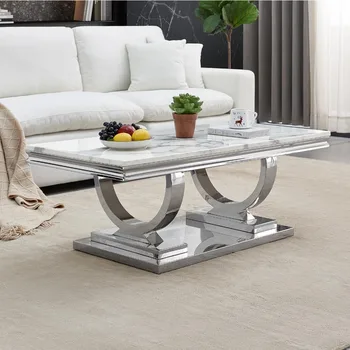 Image Coffee Tables Modern White Faux Marble Center Table with Silver U-Shaped Pedestal Base Luxury Accent Sofa Table Cocktail Table