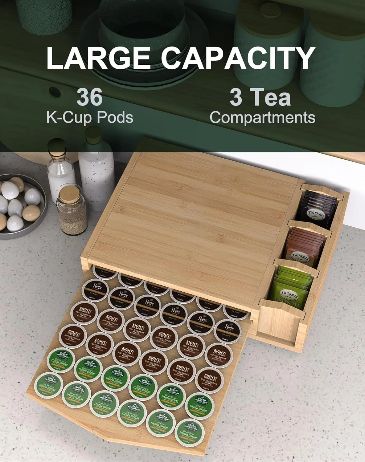 2 in 1 Premium Bamboo Coffee Pods Storage Organizer with 3 Tea Bags Compartments Compatible with 36 K-Cup Pods Storage Natural