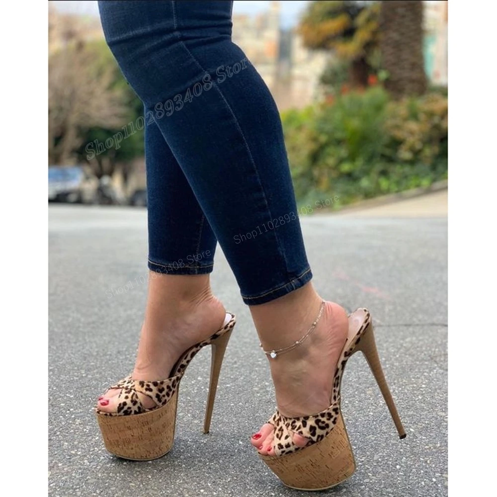 

Leopard Pattern Cross Tied Platform Slippers Wooden Stiletto High Heel Concise Fashion Women Shoes 2024 Sexy Zapatos Para Mujere