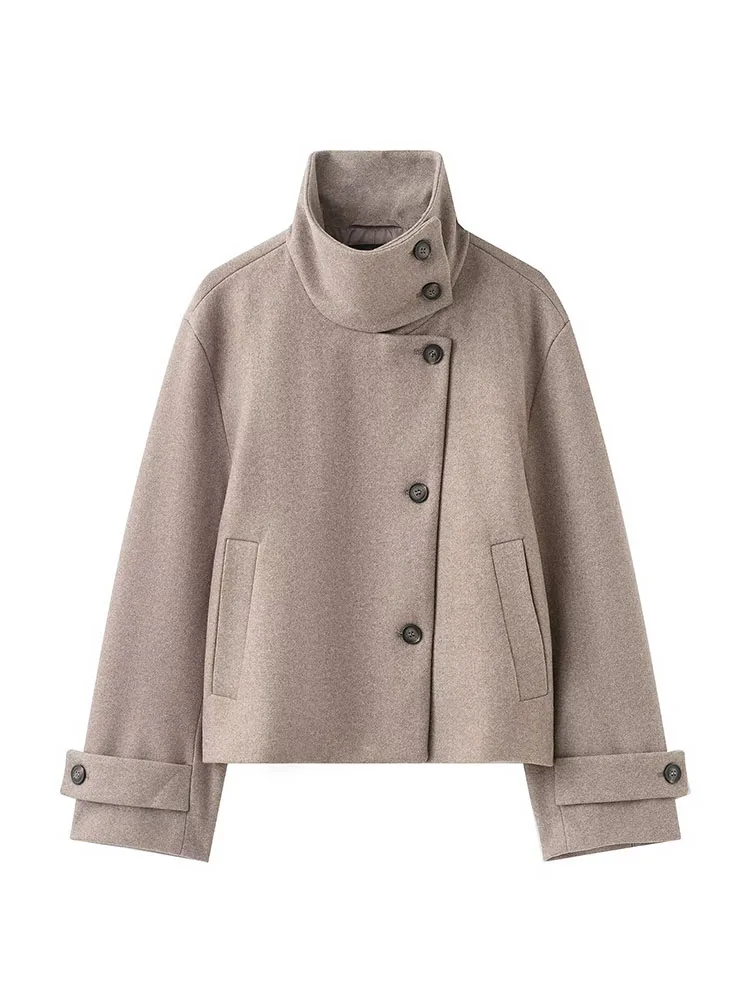 HH Women Autumn High Stand Collar Long Sleeves Side Pockets Single Breasted Decoration Short Jacket Female Casual Street Coat