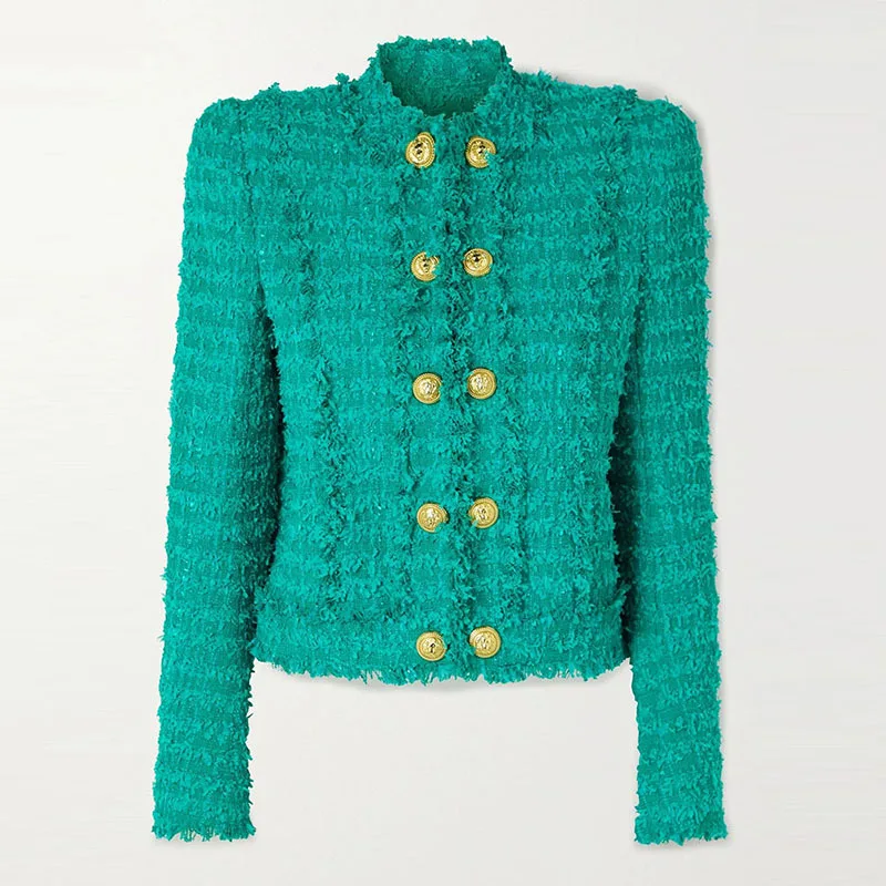 

Autumn Winter New Arrival Lady Tweed Coat Stand Collar Long Sleeve Rough Edge Women Double-breasted Slim Jacket