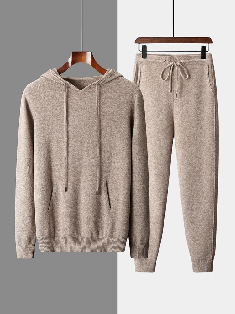 

Choice 100% Merino Wool Two-piece Men Knitted Hoodie Pullover and Slim-fit Pants Autumn Winter Solid Color Thick Warm Suit Sport