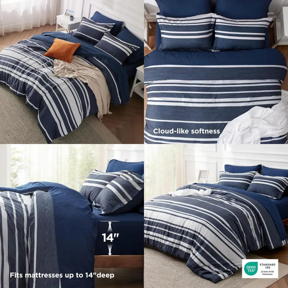 

Комплект постельного белья из 5 предметов: синий полосатый комплект для всех сезонов, включающий простыни, наволочки и декоративные наволочки-шамы.