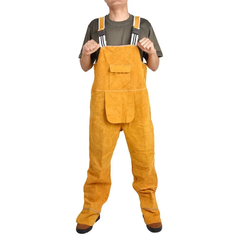 Welding Strap Suit Men Bib Overall Safety Coverall High Temperature Protective Leather Flame Retardant Repair Welder Strap Pants