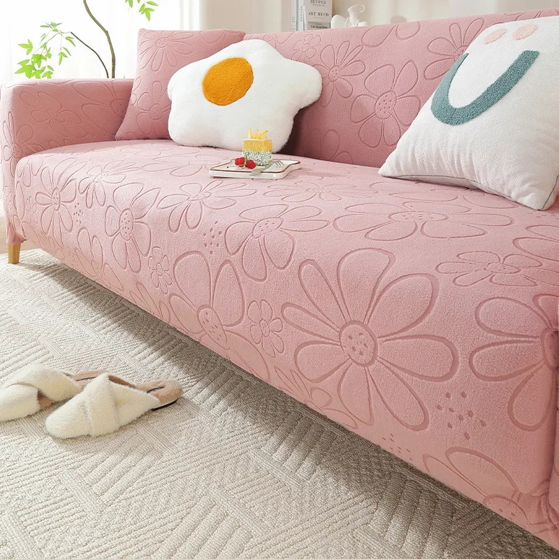 2026 Solid Color Flower Jacquard Sofa Cover Soft Non-Slip Elastic Corner Couch Covers Polar Fleece Stretch Furniture Protector