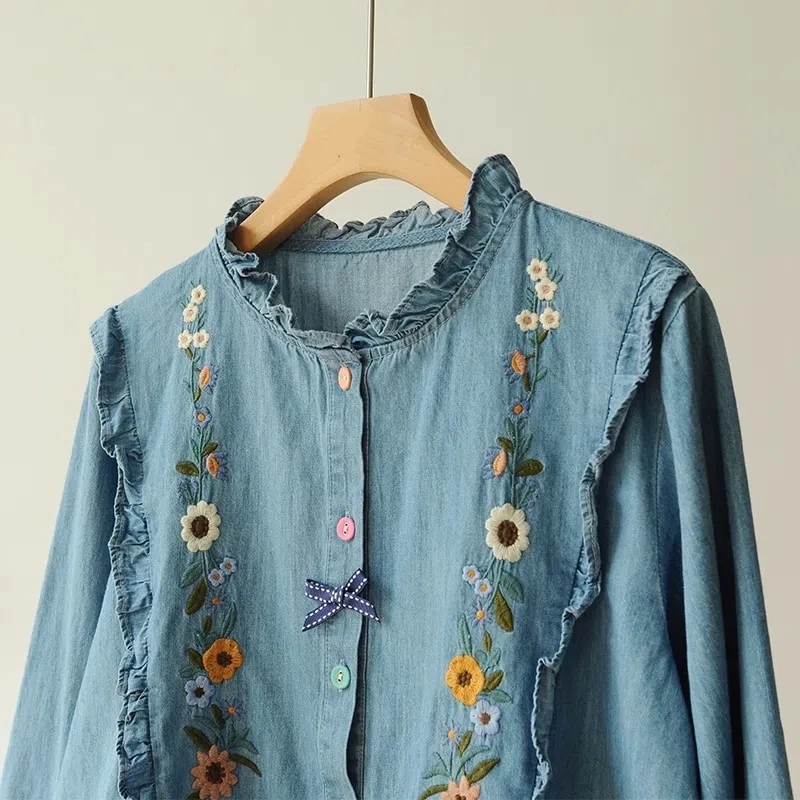 Mori girl autumn ruffled stand collar long sleeve tops flowers embroider denim shirts blouses korean style women\'s clothing