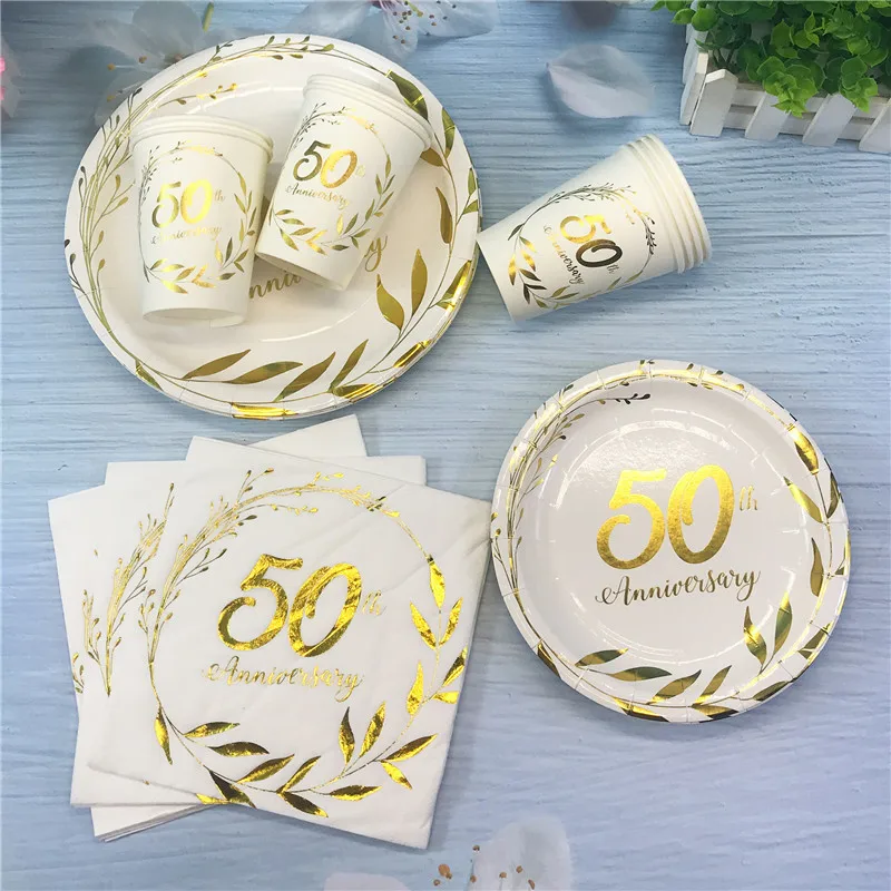 Gold 50. Jahrestag Einweg-Pappteller Tassen Servietten Erwachsene 50. Geburtstag Party Hochzeitstag Party Geschirr Supplie