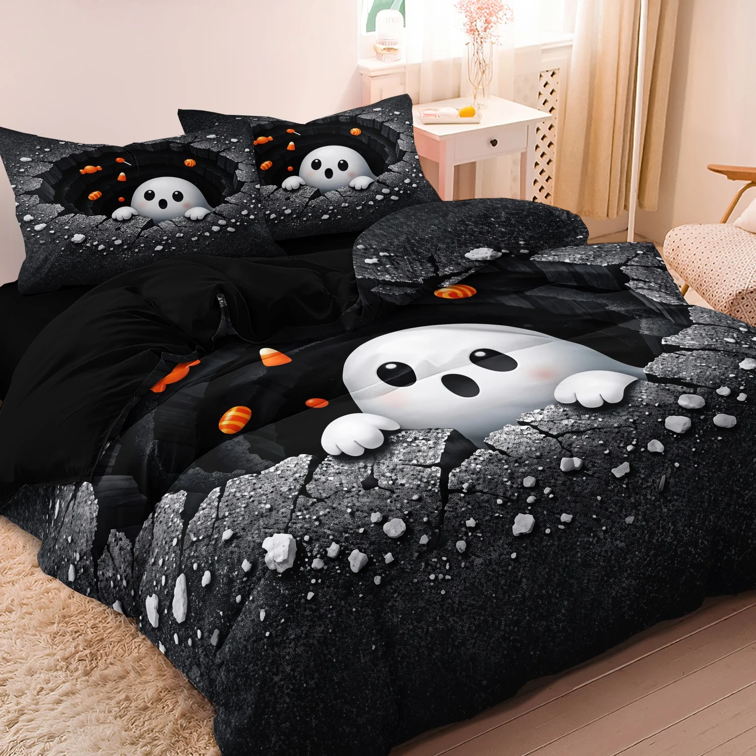  3 Pieces Optical Illusion Cute Ghost Print Duvet Cover Set, Broken Wall Peeking Ghost with Candy Halloween Pattern Bedding