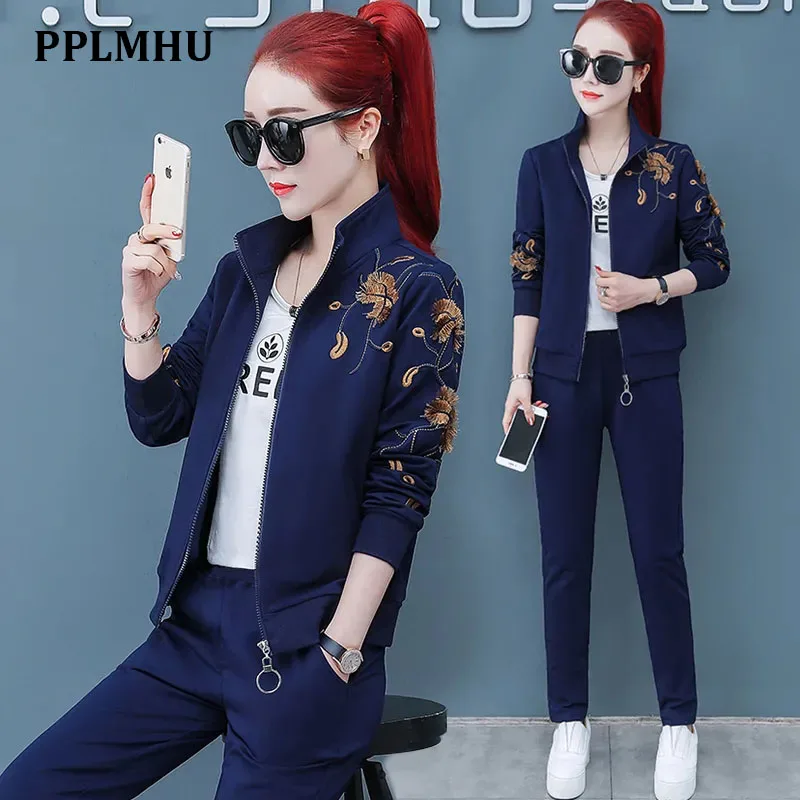 Embroidery Casual Tracksuit 3 Piece Set Women Outfits Fashion Zip Up Jacket + T-Shirt + Pants Sports Suit Ensemble Jogging Femme