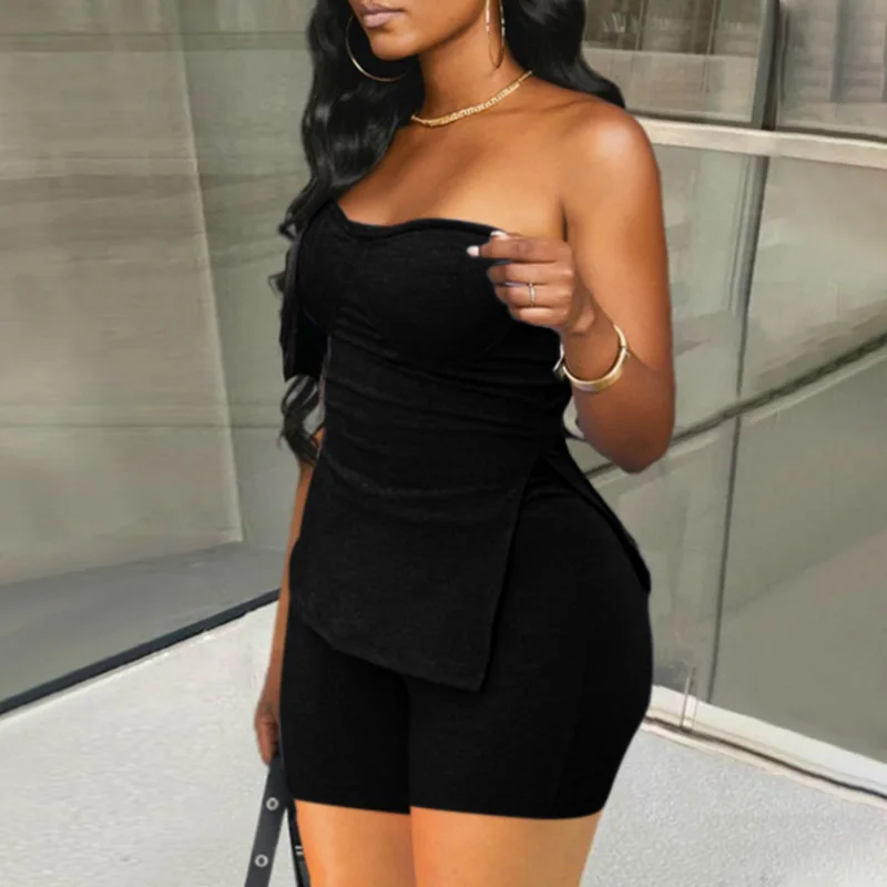 Sexy Solid Slim Suit For Women Fashion Strapless Side Split Top Elastic Waist Package Hip Shorts Two Piece Set 2024 Summer New