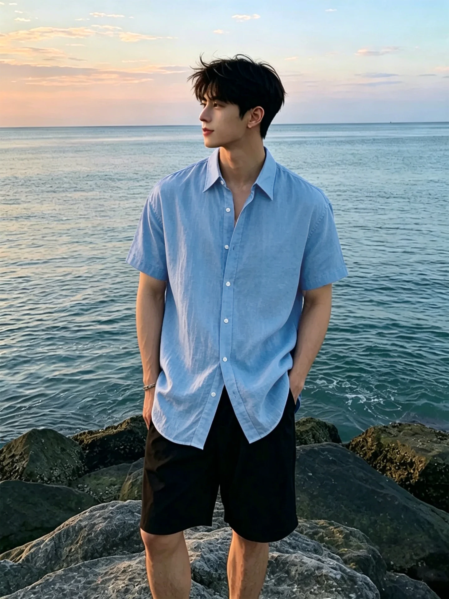 

Loose Fit Linen Cotton Short Sleeve Shirt Men's Summer Casual Style Breathable Comfortable Sun Protection Fashionable Shirt