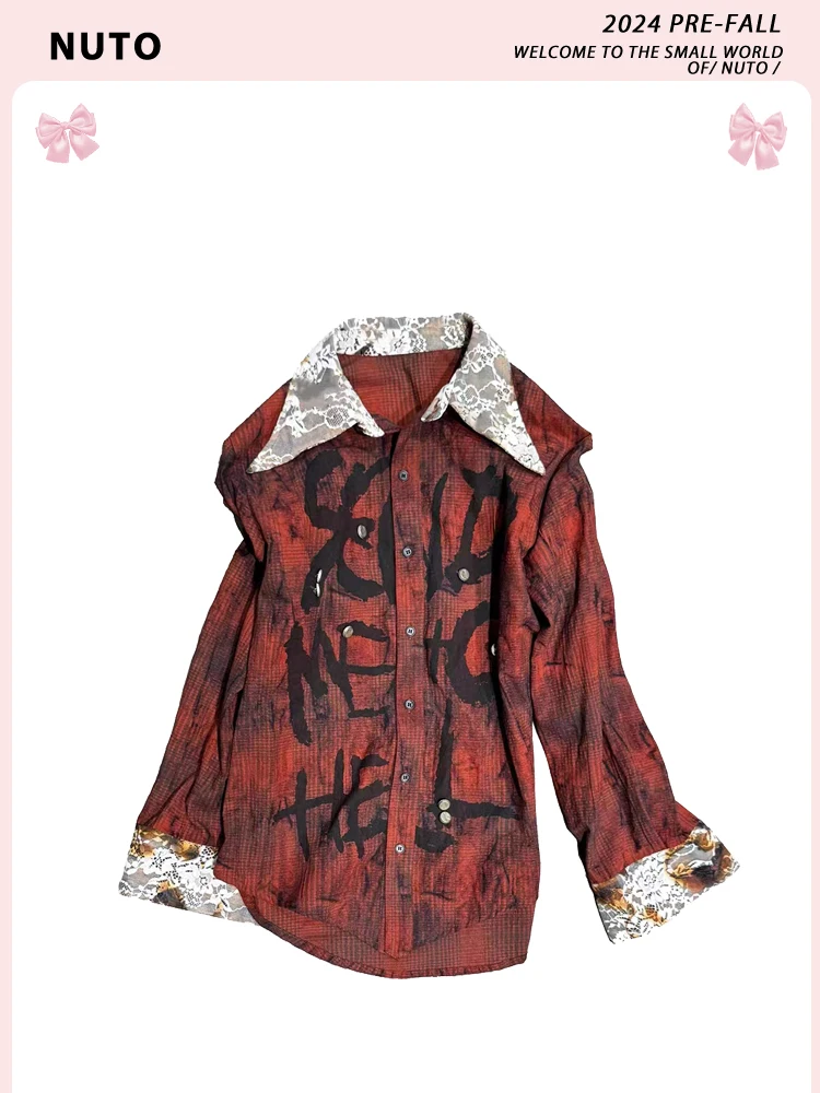 American Retro Gothic Women Long Sleeve Blouse Red Bloody Lace Patch Subculture Printing Loose Blusa Tops