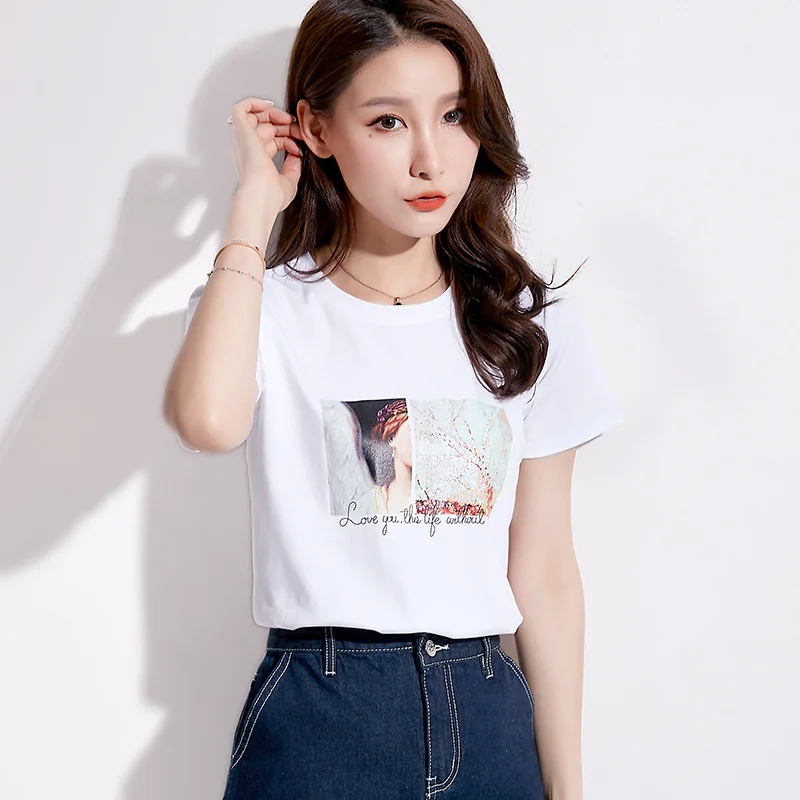 2022 Summer New T Shirt Women Cotton Print O-Neck T-shirt Shorts Sleeve Tshirt Fashion Top Tees Female