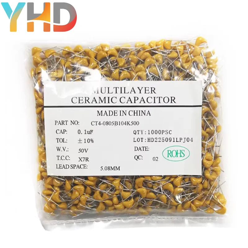 100pcs/lot Multilayer ceramic capacitor 50V (100~106) 10pF~10uF 102 103 104 105 22pF 47pF 68pF 1nF 10nF 100nF 0.1uF 1uF P=5.08mm