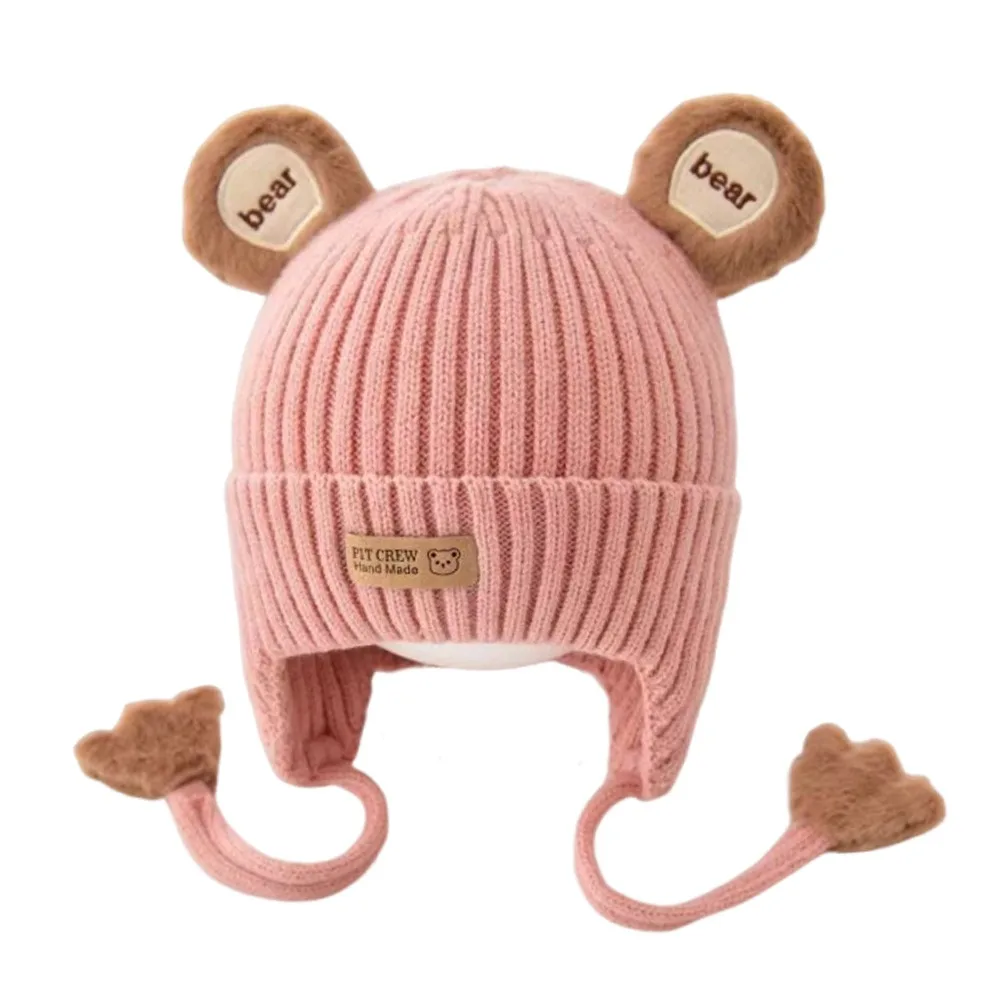 

Шапка-бини с милым медведем для малышей, хлопковая подкладка со шнуровкой, детская антихолодная шапка, теплый курица, вязаный материал
