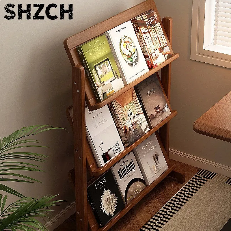 Modern Nanmu Bookcase Heavy Duty Floor Shelf Magazine Rack for Bedroom Living Room Kids Display Stand