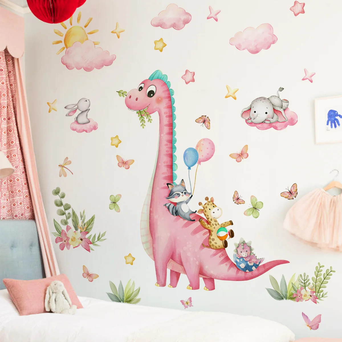 Large Cartoon Pink Dinosaur Animal Park Wall Sticker Vinyl Cloud Star Decals for Kids Room Baby Bedroom Nursery Wall Decoration