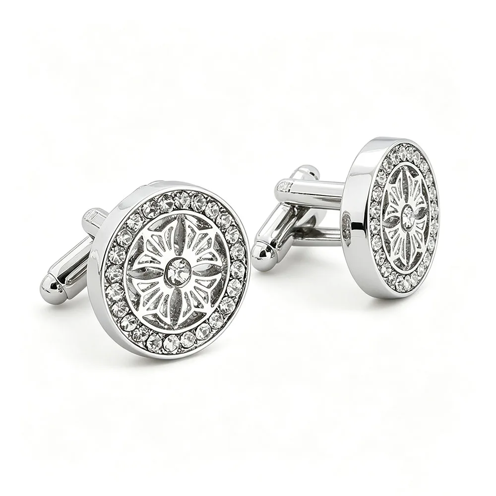 Klassische Manschettenknöpfe mit Blumengravur für Herren Luxuriöse Funkelnde Strass-Dekorative Runde Manschettenknöpfe Formeller Schmuck – Detail 10