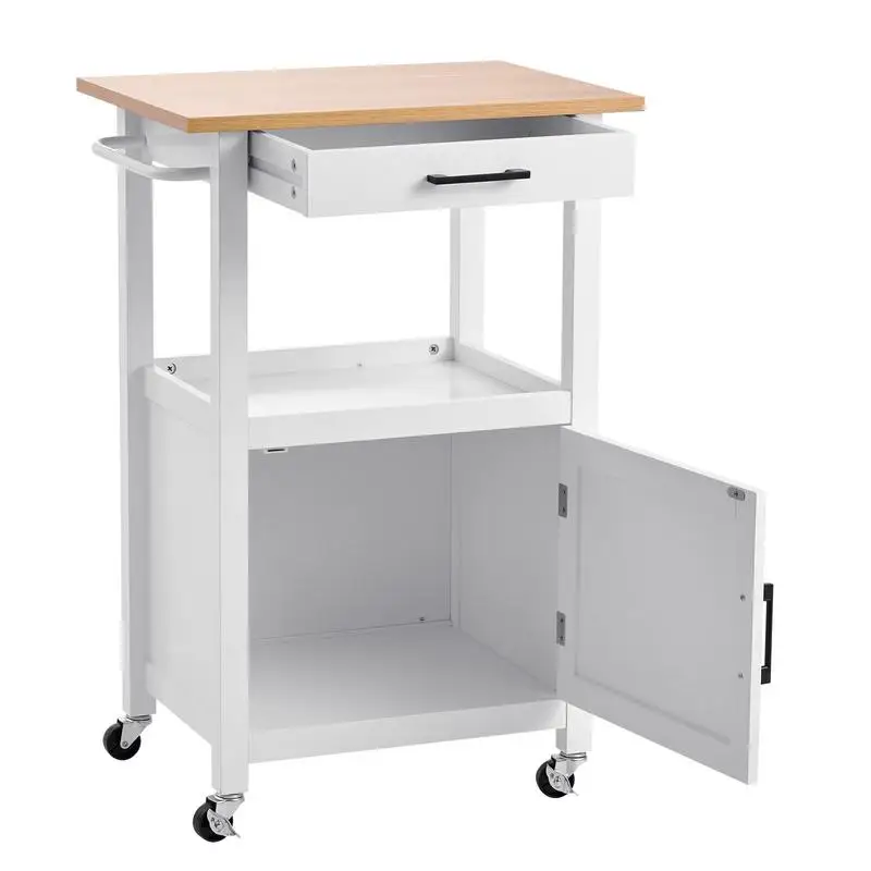 Kitchen island trolley with single-door cabinet, mobile trolley with drawer, towel rack, and hooks, portable table on casters, small coffee islands, microwave stand for dining room, white