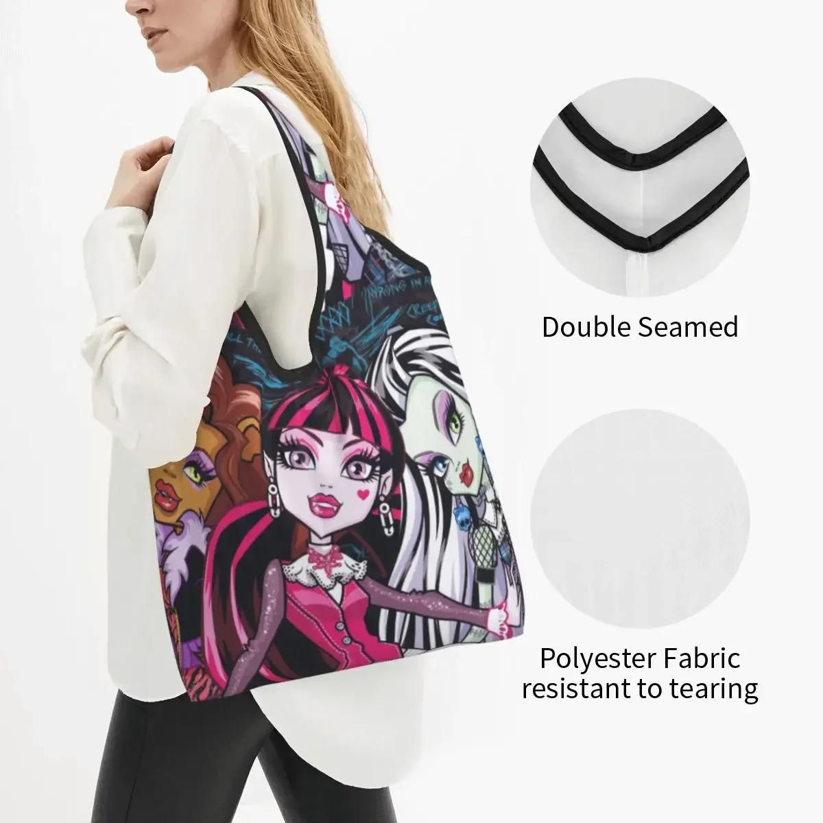 Kawaii Girl Reusable Shopping Grocery Bags Foldable 50LB Weight Capacity Draculaura High Eco Bag Eco-Friendly Ripstop