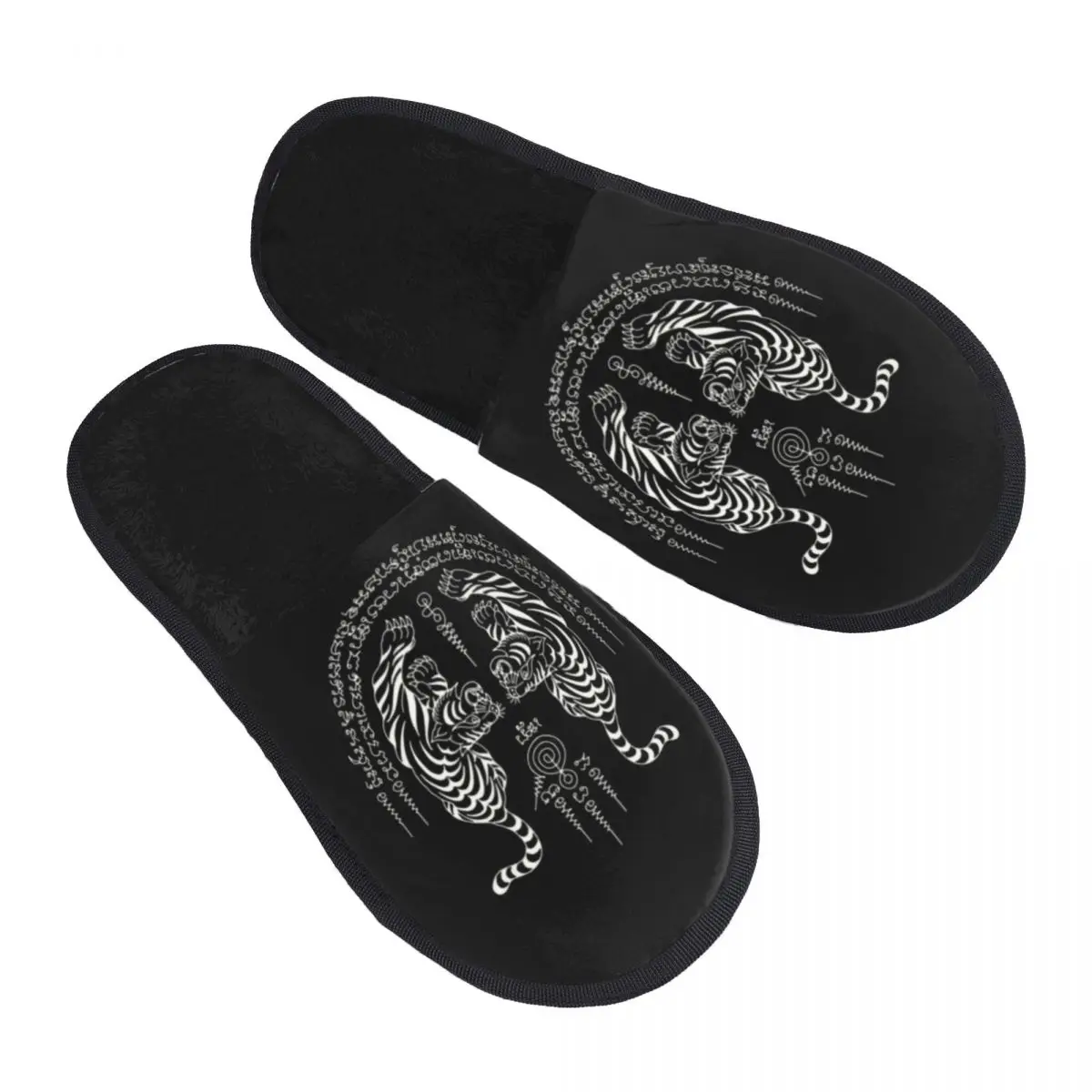 

Custom Twin Tiger Sak Yant Tattoo Memory Foam Slippers Women Soft Warm Thailand Muay Thai House Slippers