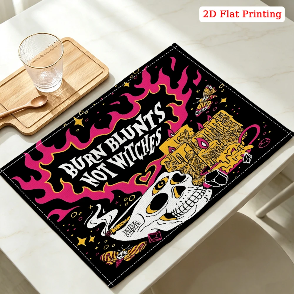 2Pcs Gothic Skull Placemat Black Pink Burn Blunt Not Witches Table Mat Kitchen Dining Decor Non Slip Heat Resistant 30X40Cm view 5