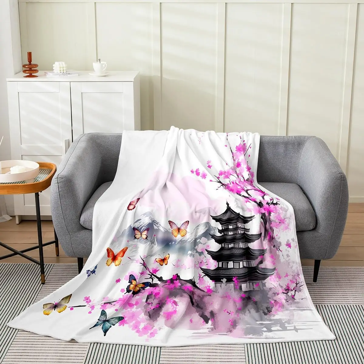 Japanese Style Soft Warm Blanket,Rainbow Butterfly Throw Blanket,Cherry Blossoms Fleece Blanket,Ink Painting Style Fuzzy Blanket