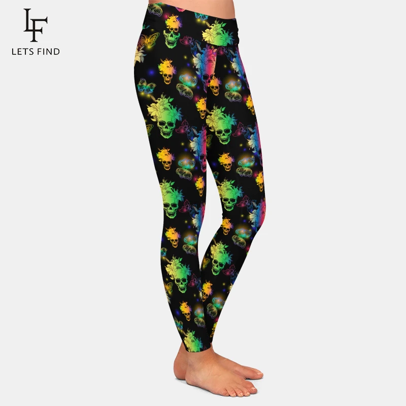 LETSFIND-pantalones de Fitness de cintura alta para mujer, calaveras florales con estampado de flores, Leggings ajustados sexys