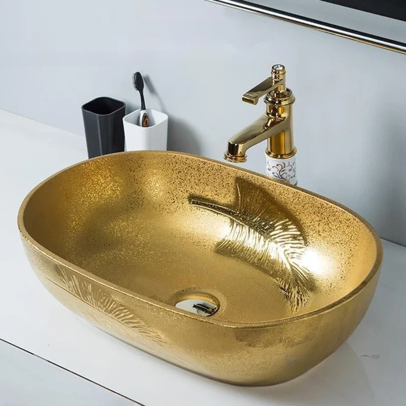 

European Luxury Wash Basin Hotel Club Golden Bathroom Sinks Beauty Salon Bathroom Washbasins Oval Table Basin Washing Hand Basin