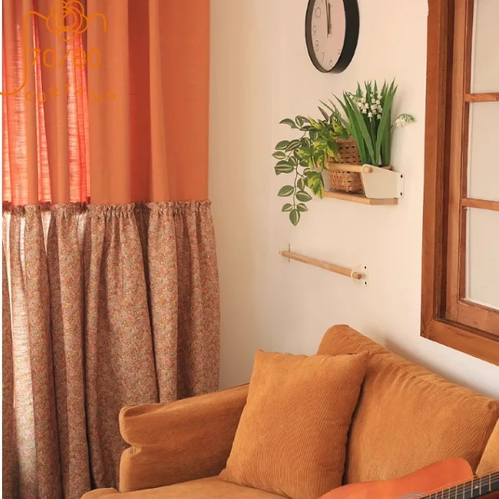 

Japanese Orange Printing Cotton and Linen Patched Curtains for Living Room Bedroom French Window Balcony Window Customized