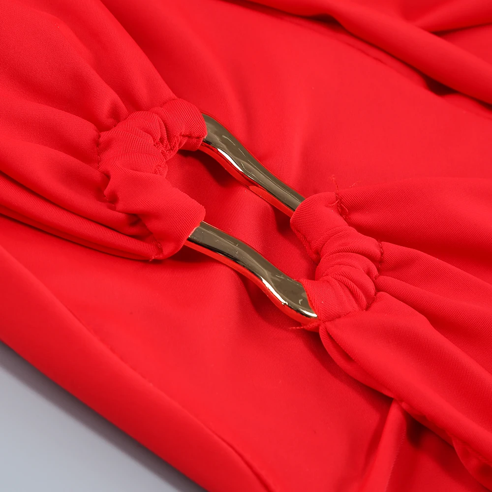 Abito lungo sexy con taglio monospalla da donna – Abito rosso diviso con dettaglio anello dorato – Elegante abito da sera