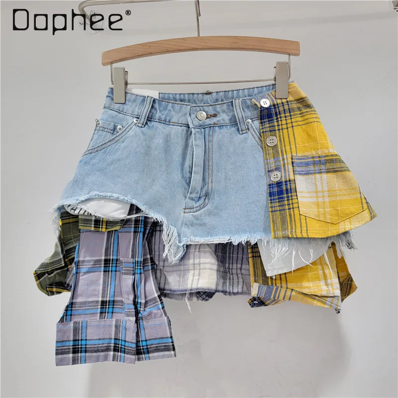 Irregular Short Skirt Women 2024 Spring Summer Checks Stitching High Waist A- Line Denim Skirt Korean Fashion Clothing